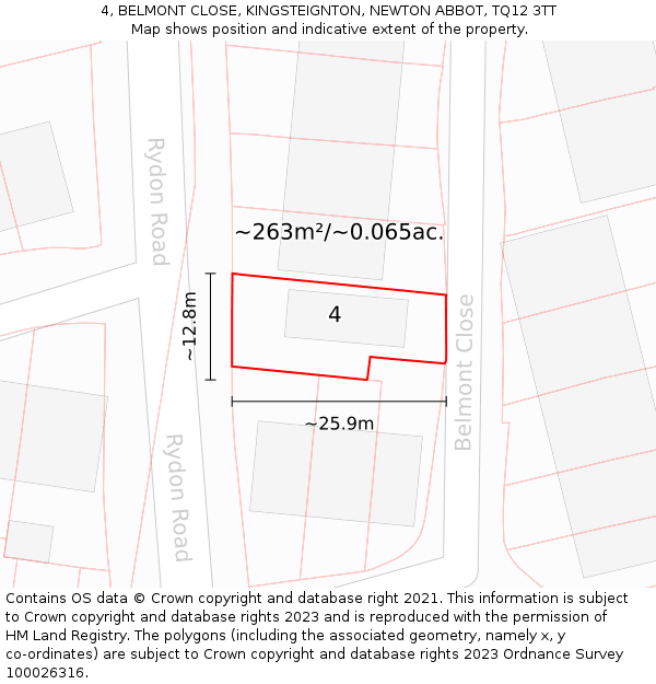 4, BELMONT CLOSE, KINGSTEIGNTON, NEWTON ABBOT, TQ12 3TT: Plot and title map