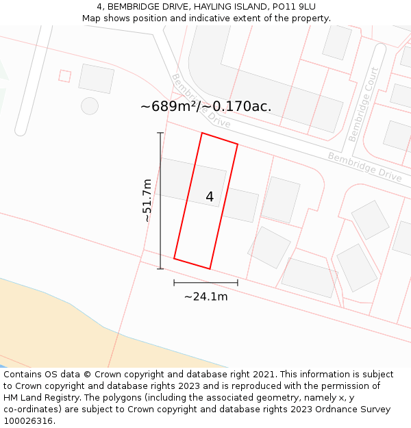 4, BEMBRIDGE DRIVE, HAYLING ISLAND, PO11 9LU: Plot and title map
