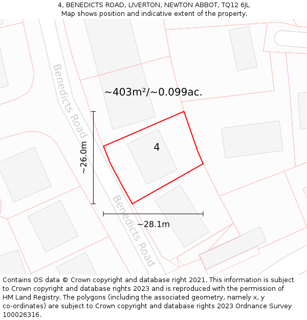 4, BENEDICTS ROAD, LIVERTON, NEWTON ABBOT, TQ12 6JL: Plot and title map
