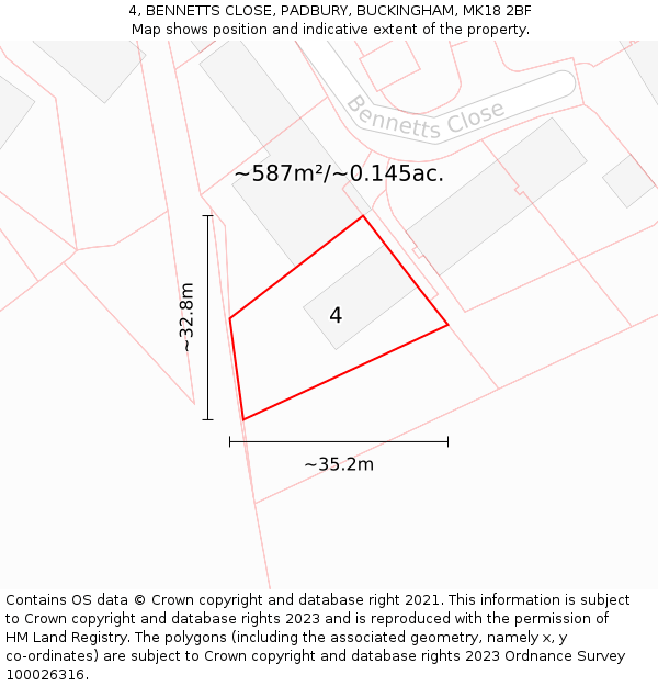 4, BENNETTS CLOSE, PADBURY, BUCKINGHAM, MK18 2BF: Plot and title map