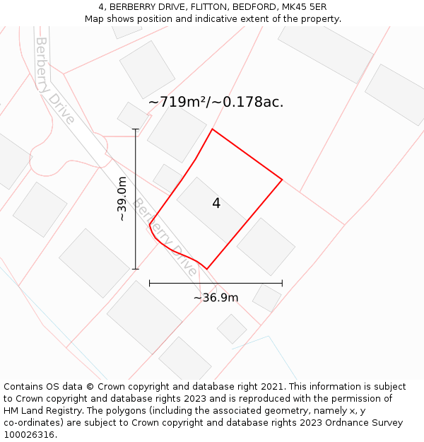 4, BERBERRY DRIVE, FLITTON, BEDFORD, MK45 5ER: Plot and title map