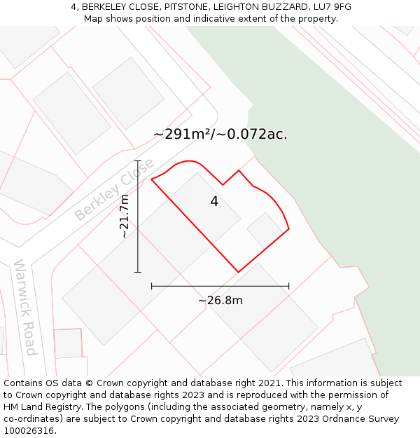 4, BERKELEY CLOSE, PITSTONE, LEIGHTON BUZZARD, LU7 9FG: Plot and title map