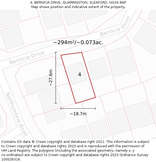 4, BERNICIA DRIVE, QUARRINGTON, SLEAFORD, NG34 8WF: Plot and title map