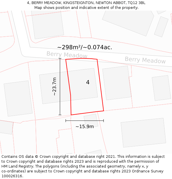 4, BERRY MEADOW, KINGSTEIGNTON, NEWTON ABBOT, TQ12 3BL: Plot and title map