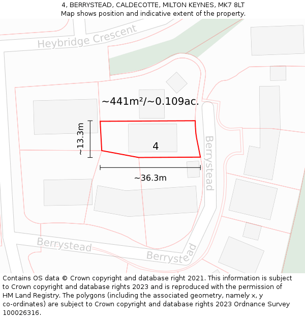 4, BERRYSTEAD, CALDECOTTE, MILTON KEYNES, MK7 8LT: Plot and title map