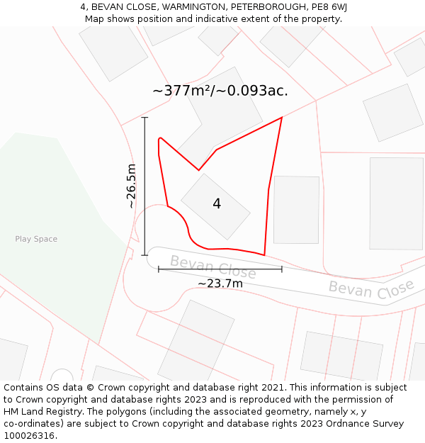 4, BEVAN CLOSE, WARMINGTON, PETERBOROUGH, PE8 6WJ: Plot and title map