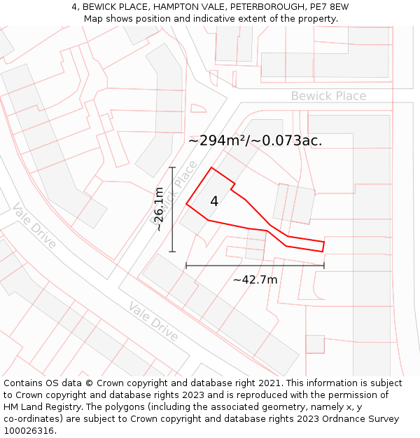 4, BEWICK PLACE, HAMPTON VALE, PETERBOROUGH, PE7 8EW: Plot and title map
