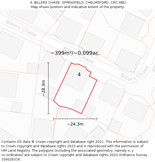 4, BILLERS CHASE, SPRINGFIELD, CHELMSFORD, CM1 6BD: Plot and title map
