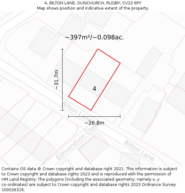 4, BILTON LANE, DUNCHURCH, RUGBY, CV22 6PY: Plot and title map
