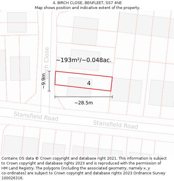 4, BIRCH CLOSE, BENFLEET, SS7 4NE: Plot and title map