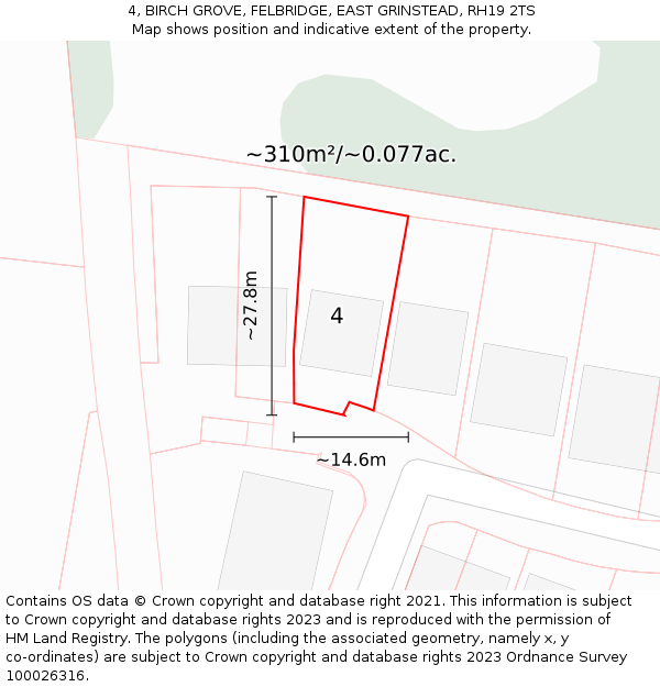 4, BIRCH GROVE, FELBRIDGE, EAST GRINSTEAD, RH19 2TS: Plot and title map
