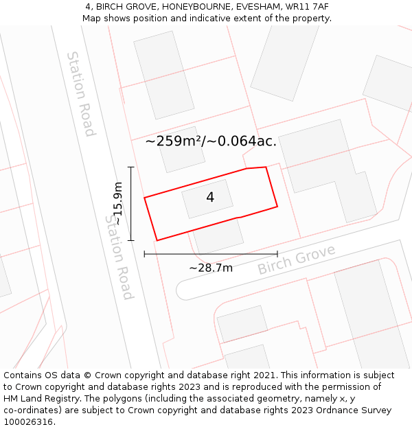 4, BIRCH GROVE, HONEYBOURNE, EVESHAM, WR11 7AF: Plot and title map