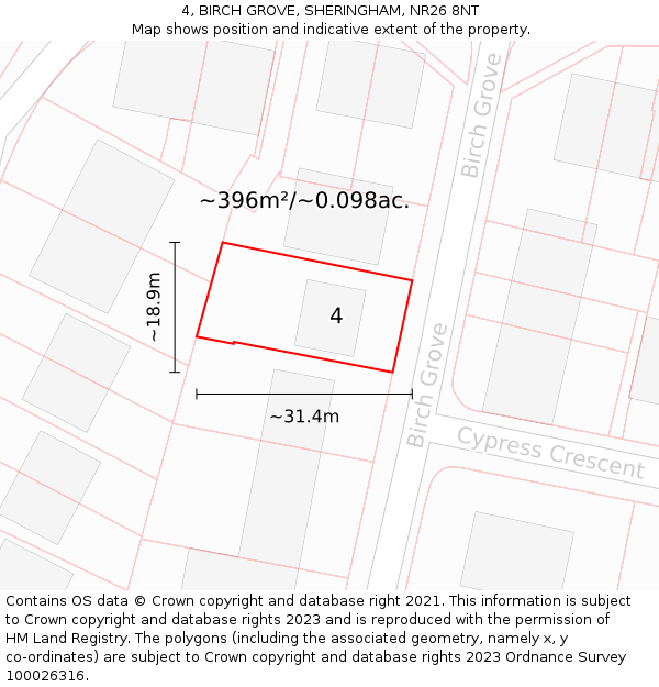 4, BIRCH GROVE, SHERINGHAM, NR26 8NT: Plot and title map