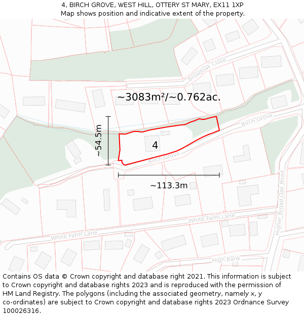4, BIRCH GROVE, WEST HILL, OTTERY ST MARY, EX11 1XP: Plot and title map