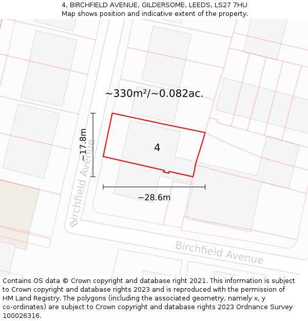 4, BIRCHFIELD AVENUE, GILDERSOME, LEEDS, LS27 7HU: Plot and title map