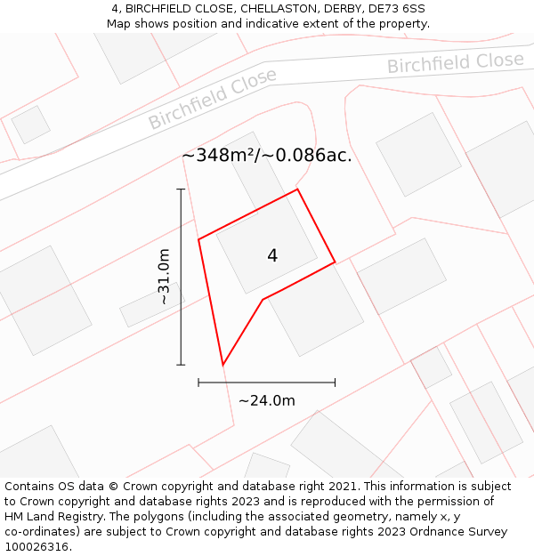 4, BIRCHFIELD CLOSE, CHELLASTON, DERBY, DE73 6SS: Plot and title map