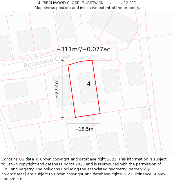 4, BIRCHWOOD CLOSE, BURSTWICK, HULL, HU12 9FD: Plot and title map
