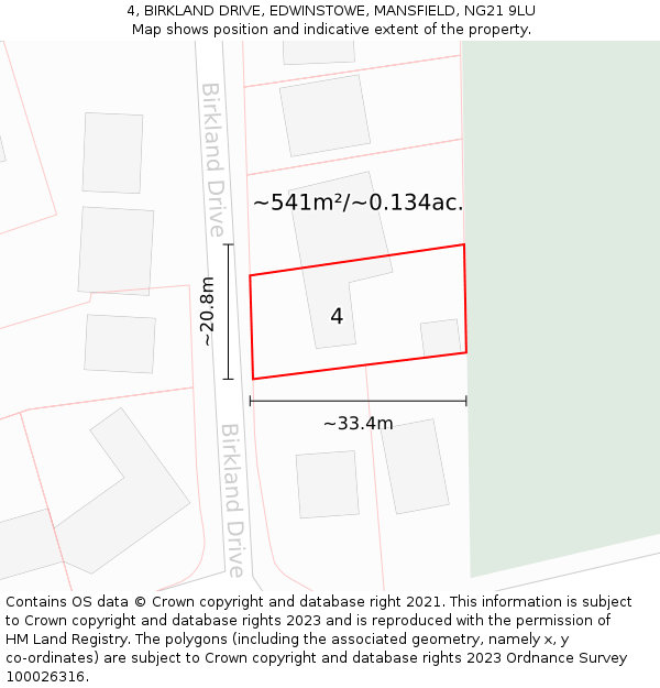 4, BIRKLAND DRIVE, EDWINSTOWE, MANSFIELD, NG21 9LU: Plot and title map