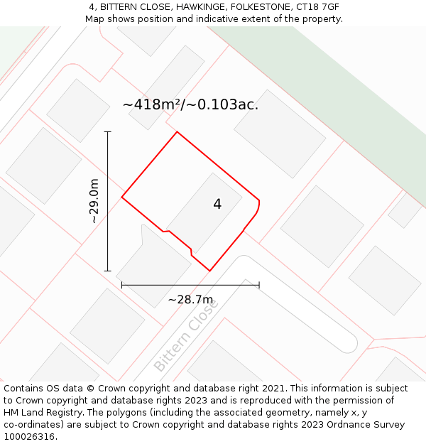 4, BITTERN CLOSE, HAWKINGE, FOLKESTONE, CT18 7GF: Plot and title map