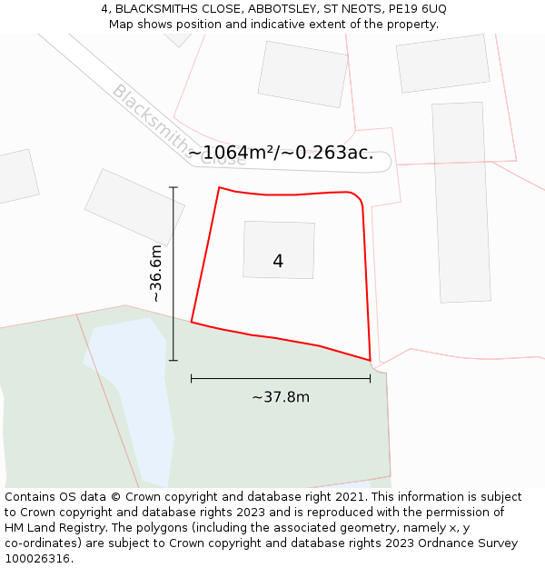 4, BLACKSMITHS CLOSE, ABBOTSLEY, ST NEOTS, PE19 6UQ: Plot and title map