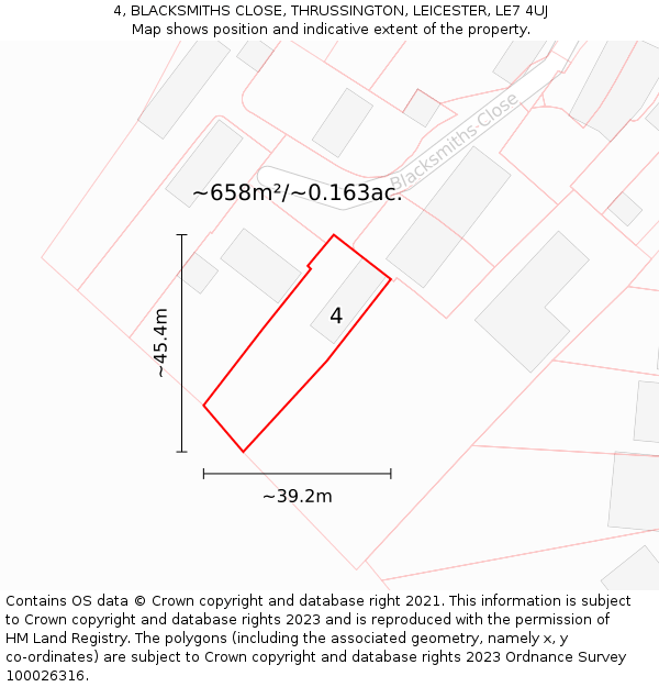 4, BLACKSMITHS CLOSE, THRUSSINGTON, LEICESTER, LE7 4UJ: Plot and title map