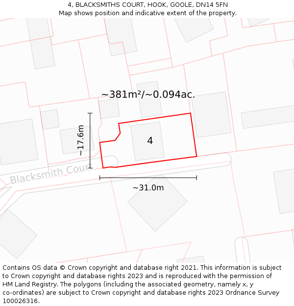 4, BLACKSMITHS COURT, HOOK, GOOLE, DN14 5FN: Plot and title map
