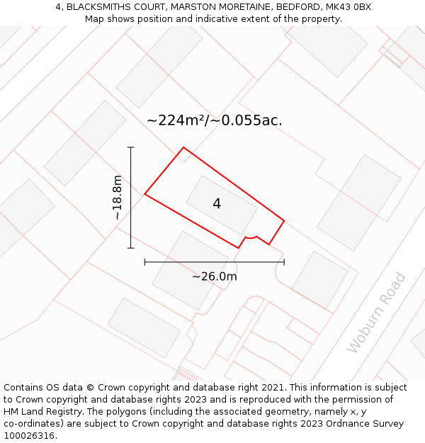 4, BLACKSMITHS COURT, MARSTON MORETAINE, BEDFORD, MK43 0BX: Plot and title map