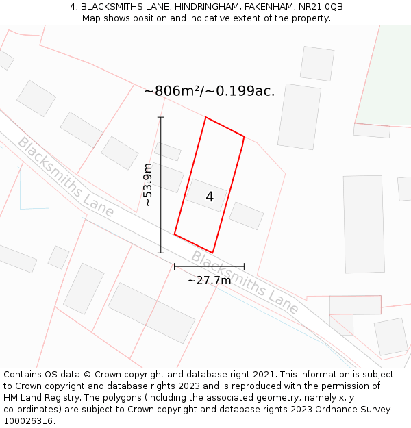 4, BLACKSMITHS LANE, HINDRINGHAM, FAKENHAM, NR21 0QB: Plot and title map