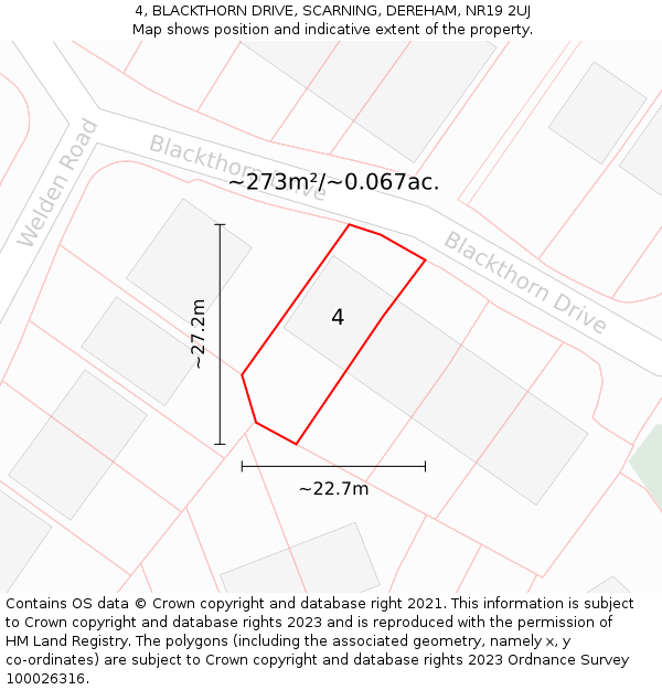 4, BLACKTHORN DRIVE, SCARNING, DEREHAM, NR19 2UJ: Plot and title map