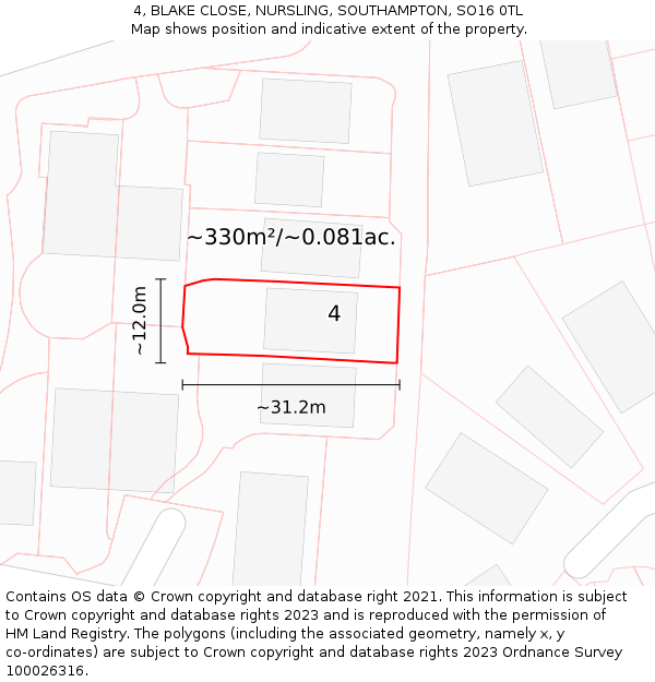 4, BLAKE CLOSE, NURSLING, SOUTHAMPTON, SO16 0TL: Plot and title map