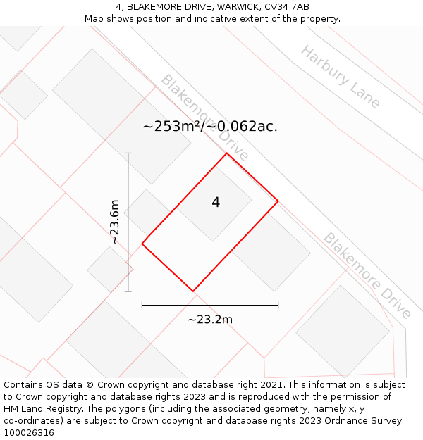 4, BLAKEMORE DRIVE, WARWICK, CV34 7AB: Plot and title map