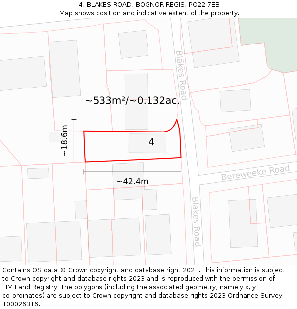 4, BLAKES ROAD, BOGNOR REGIS, PO22 7EB: Plot and title map
