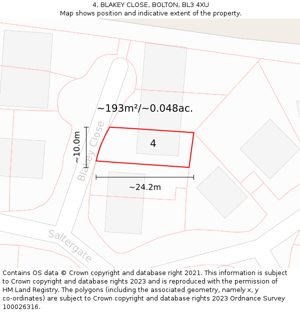 4, BLAKEY CLOSE, BOLTON, BL3 4XU: Plot and title map