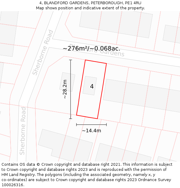 4, BLANDFORD GARDENS, PETERBOROUGH, PE1 4RU: Plot and title map