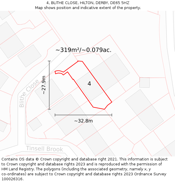 4, BLITHE CLOSE, HILTON, DERBY, DE65 5HZ: Plot and title map