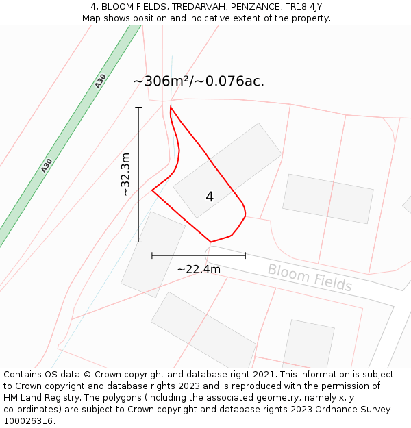 4, BLOOM FIELDS, TREDARVAH, PENZANCE, TR18 4JY: Plot and title map