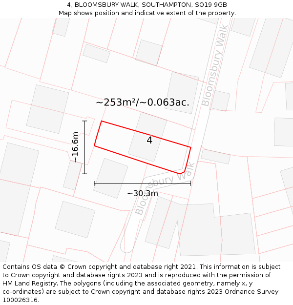 4, BLOOMSBURY WALK, SOUTHAMPTON, SO19 9GB: Plot and title map