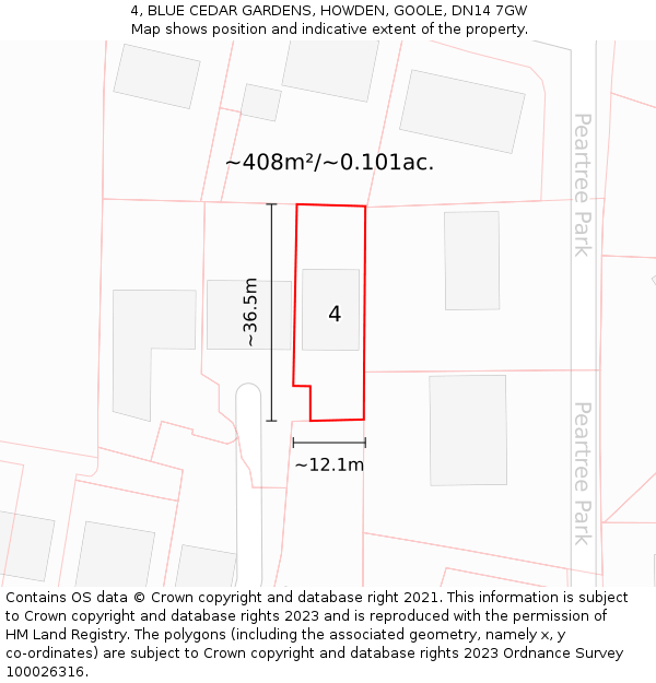 4, BLUE CEDAR GARDENS, HOWDEN, GOOLE, DN14 7GW: Plot and title map