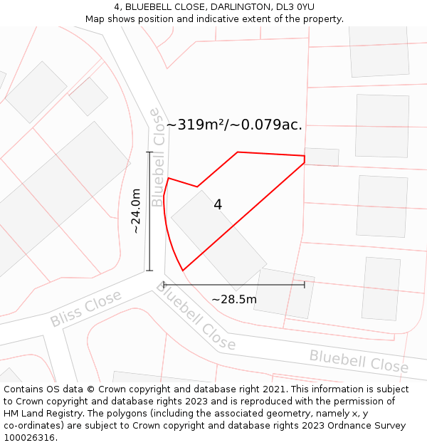 4, BLUEBELL CLOSE, DARLINGTON, DL3 0YU: Plot and title map