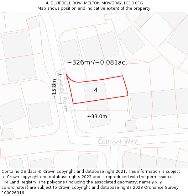 4, BLUEBELL ROW, MELTON MOWBRAY, LE13 0FG: Plot and title map