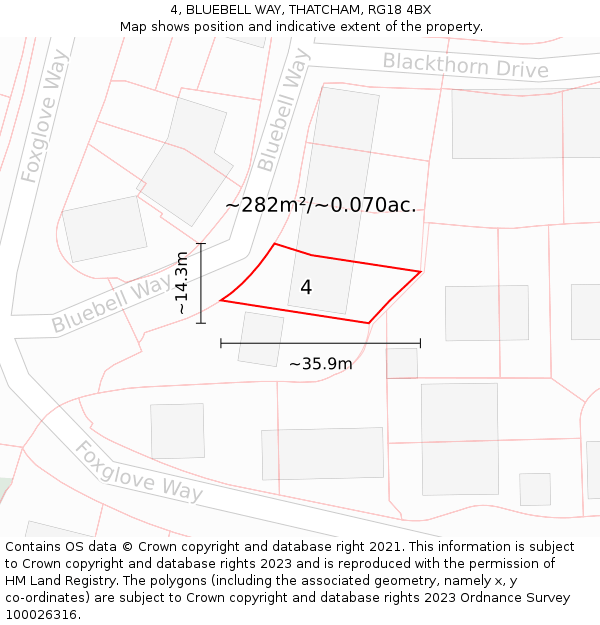4, BLUEBELL WAY, THATCHAM, RG18 4BX: Plot and title map