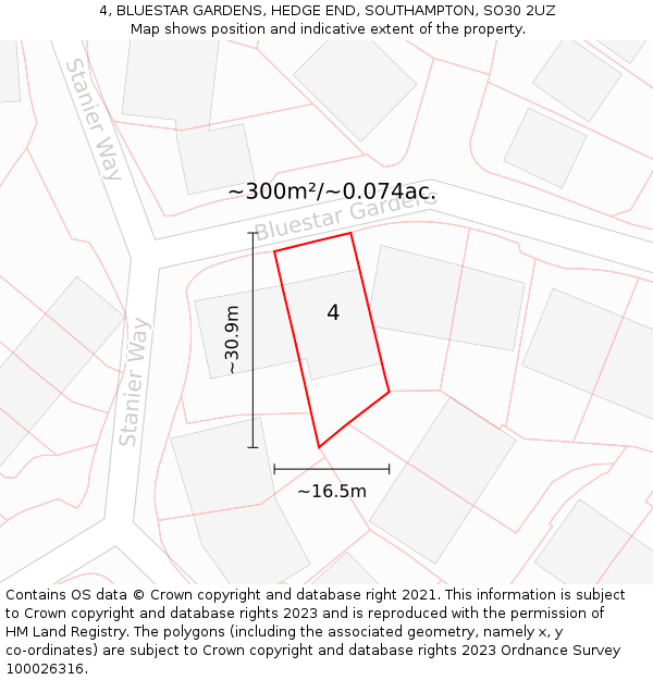 4, BLUESTAR GARDENS, HEDGE END, SOUTHAMPTON, SO30 2UZ: Plot and title map
