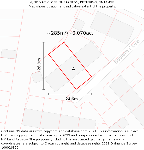 4, BODIAM CLOSE, THRAPSTON, KETTERING, NN14 4SB: Plot and title map