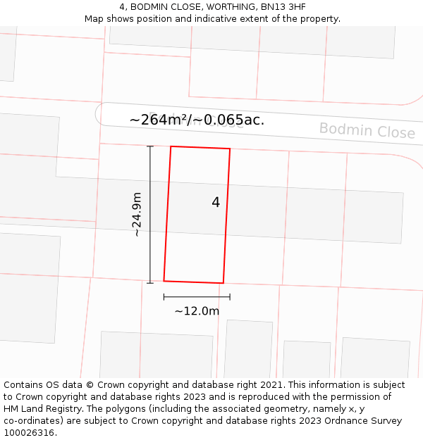 4, BODMIN CLOSE, WORTHING, BN13 3HF: Plot and title map