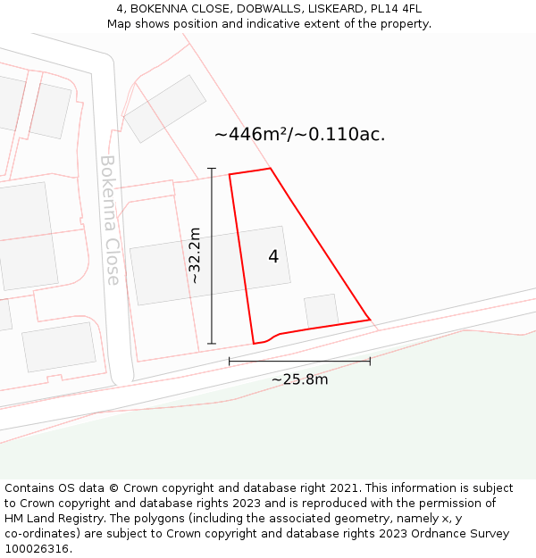 4, BOKENNA CLOSE, DOBWALLS, LISKEARD, PL14 4FL: Plot and title map