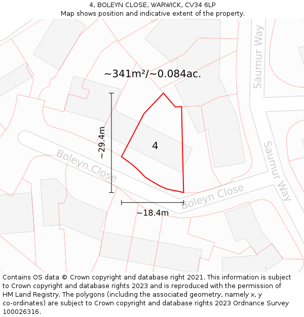 4, BOLEYN CLOSE, WARWICK, CV34 6LP: Plot and title map