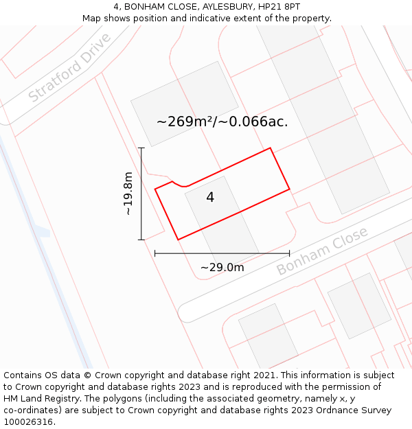 4, BONHAM CLOSE, AYLESBURY, HP21 8PT: Plot and title map