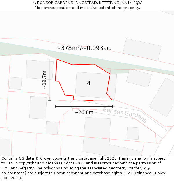 4, BONSOR GARDENS, RINGSTEAD, KETTERING, NN14 4QW: Plot and title map