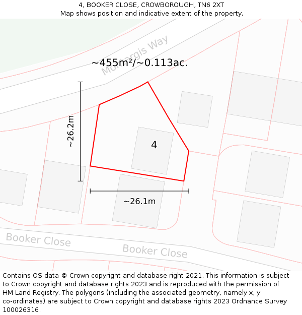 4, BOOKER CLOSE, CROWBOROUGH, TN6 2XT: Plot and title map