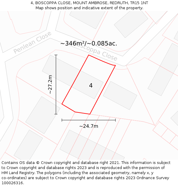 4, BOSCOPPA CLOSE, MOUNT AMBROSE, REDRUTH, TR15 1NT: Plot and title map